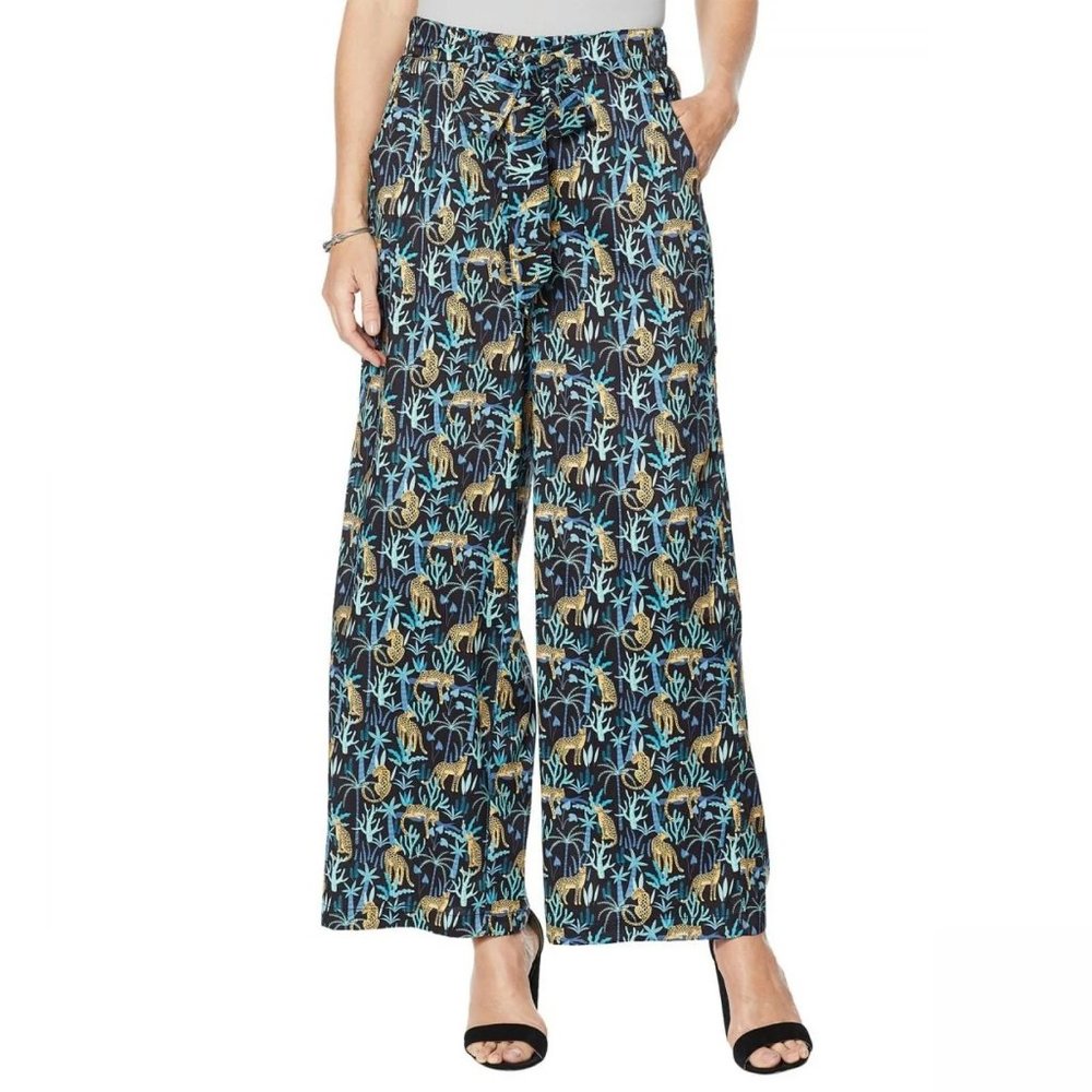 Evryday Jane Cheetah Print Wide Leg Pant L Women Satin Tie Front Pull On HSN NWT